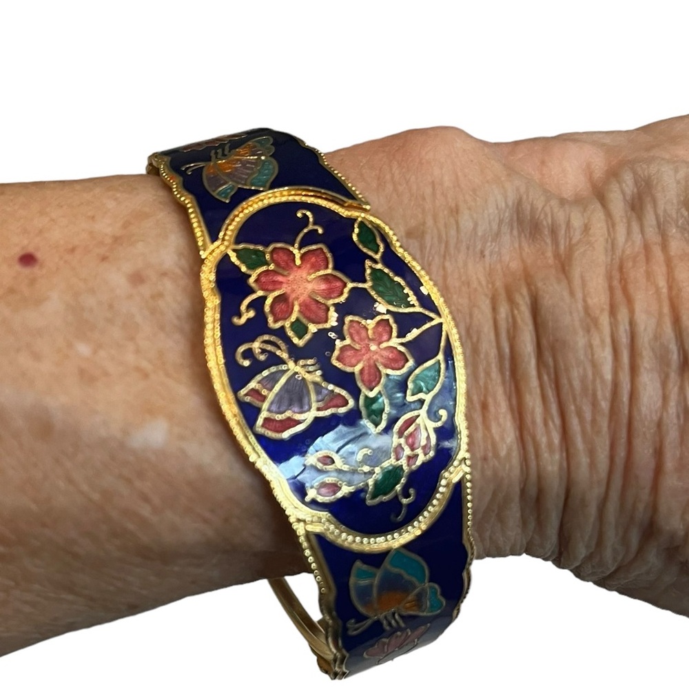 Vtg Enamel Flower Butterfly Multicolor Cloisonné Gold Tone Bracelet Cuff Bangle - Picture 7 of 12